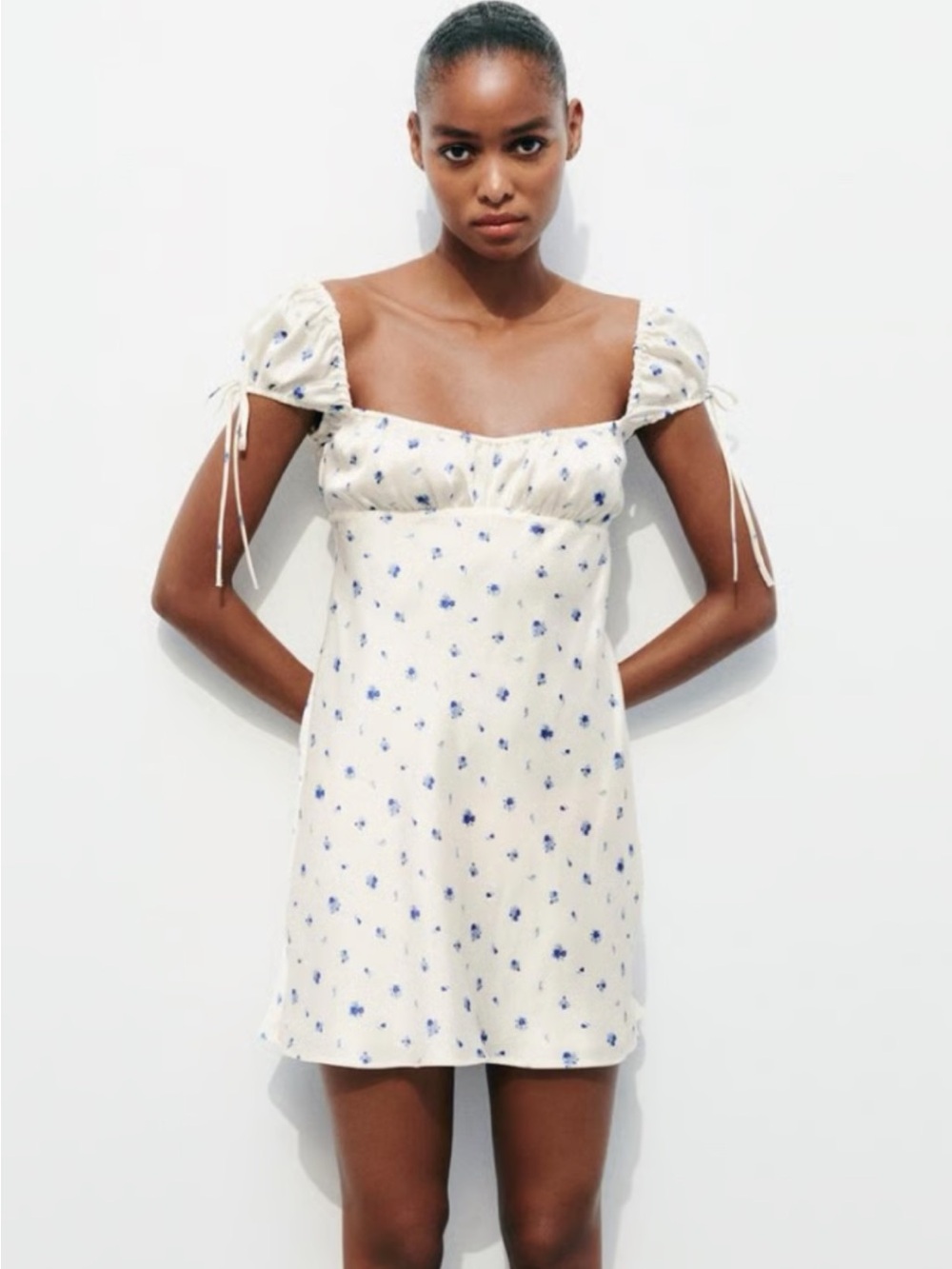 Zara satin dress with Blue Floral Print and Tie Straps M
